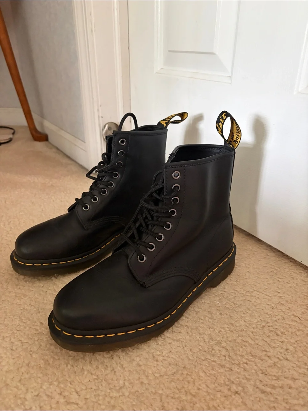 Dr. Martens Black Leather Lace-Up Boots with Yellow Stitching